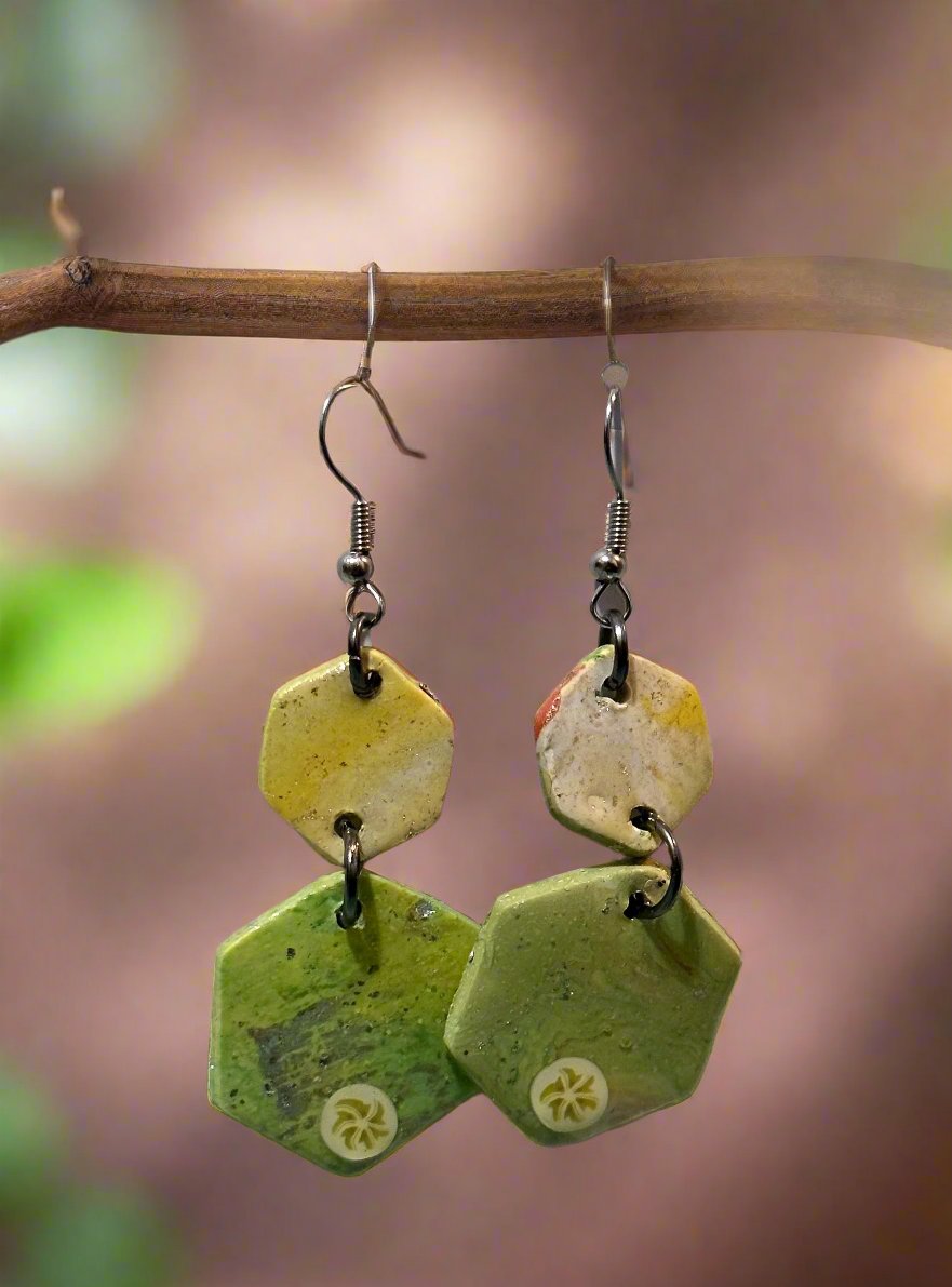 Green Marbled Dangles - Kiwi or Lemon Hexagon Style