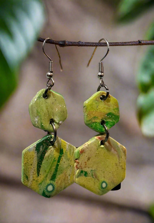 Green Marbled Dangles - Kiwi or Lemon Hexagon Style
